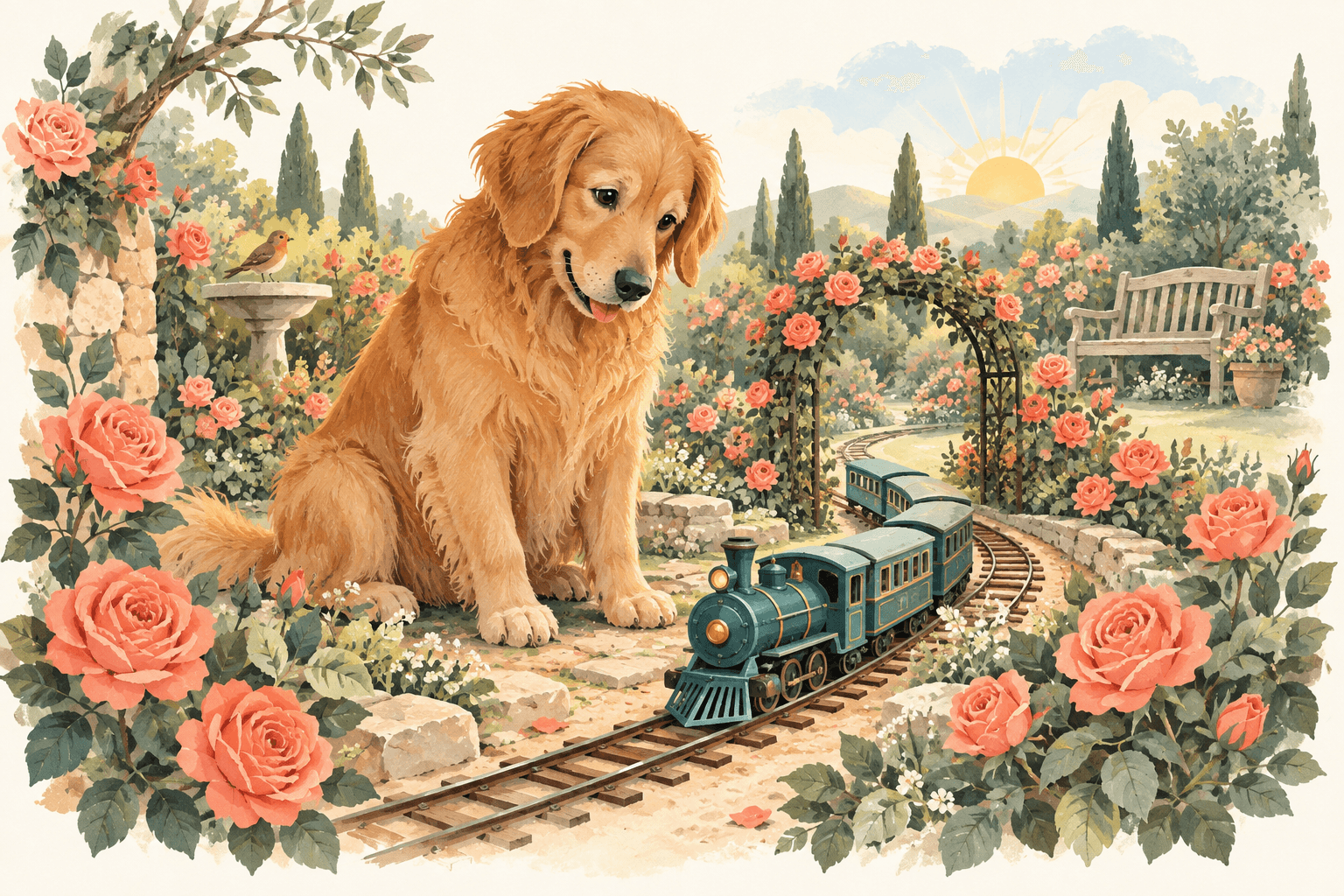 AI illustration of Moose beside a tiny railway in a rose garden
